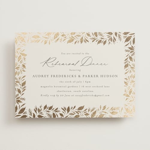 This is a latte rehearsal dinner invitations with foil pressed by Jackie Crawford called festive leafy frame printing on signature in standard