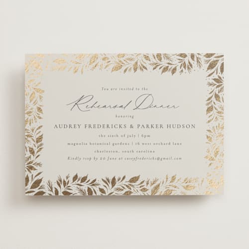 This is a latte rehearsal dinner invitations with foil pressed by Jackie Crawford called festive leafy frame printing on signature in standard