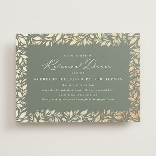 This is a meadow rehearsal dinner invitations with foil pressed by Jackie Crawford called festive leafy frame printing on signature in standard