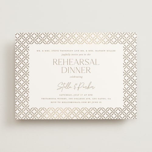 This is a almond rehearsal dinner invitations with foil pressed by Yaling Hou Suzuki called rattan printing on signature in standard