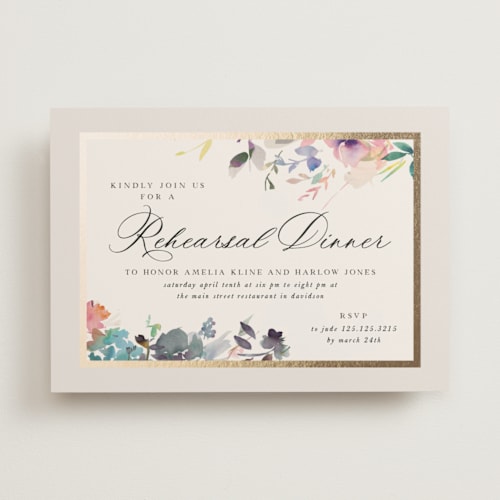 This is a cornflower rehearsal dinner invitations with foil pressed by Lori Wemple called blooming evening printing on signature in standard