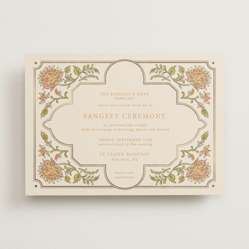 This is a ochre foil stamped wedding invitations with foil pressed by Hannah Bowman called marigold printing on signature in standard