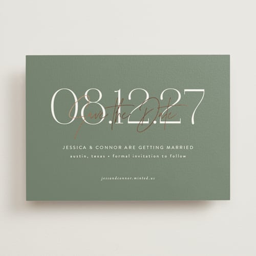 This is a meadow foil stamped save the date cards with foil pressed by Jennifer Postorino called foil overlay printing on signature in standard