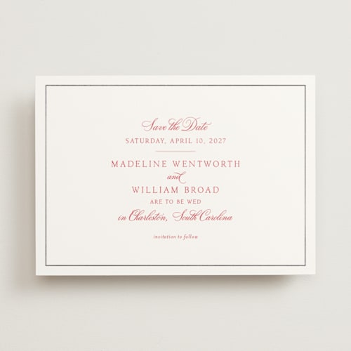 This is a ruby foil stamped save the date cards with foil pressed by Megan Davis called wentworth printing on signature in standard