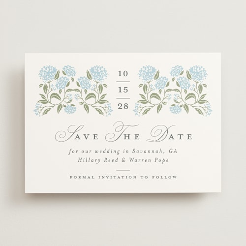 This is a nantucket save the date with standard by Susan Zinader called hydrangea hedge printing on signature in standard