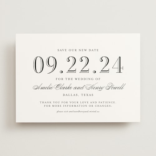 This is a tuxedo save the date with standard by Megan Davis called hepburn printing on signature in standard