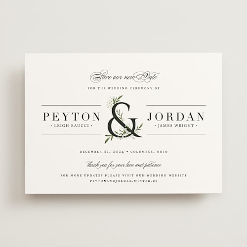 This is a cotton save the date with standard by Jennifer Postorino called adorned ampersand printing on signature in standard