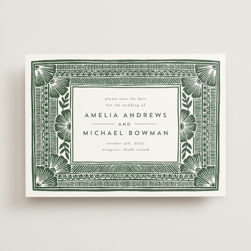 This is a fern save the date with standard by Katharine Watson called block print frame printing on signature in standard