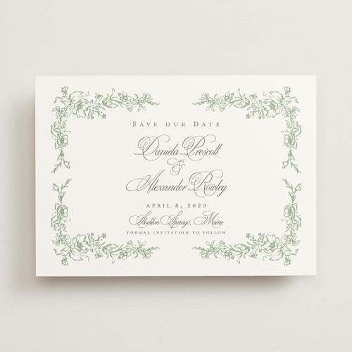 This is a mint save the date with standard by Melinda Denison called romantic garden printing on signature in standard
