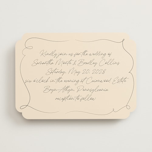 This is a champagne wedding invitations with standard by Wallace Design Co. called french whimsy script printing on signature in standard