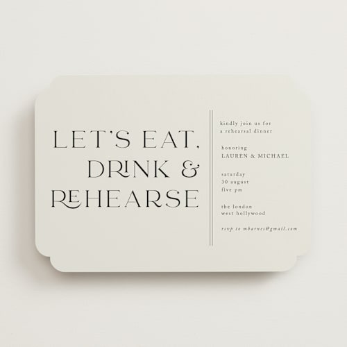 This is a titanium rehearsal dinner invitations with standard by Shirley Lin Schneider called eat, drink and rehearse printing on signature in standard