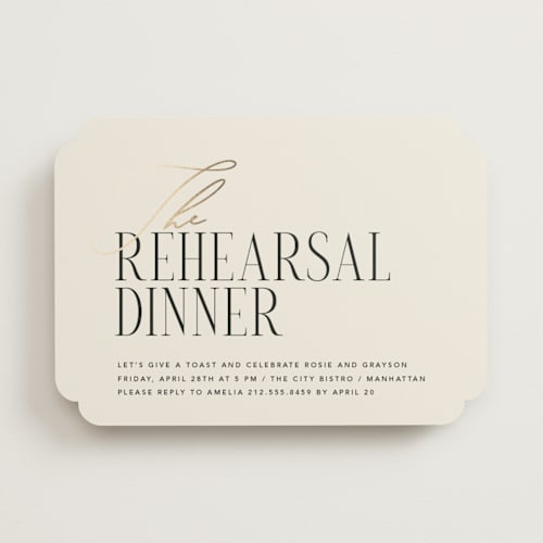 This is a ecru rehearsal dinner invitations with foil pressed by Louise Kay called chic celebration printing on signature in standard