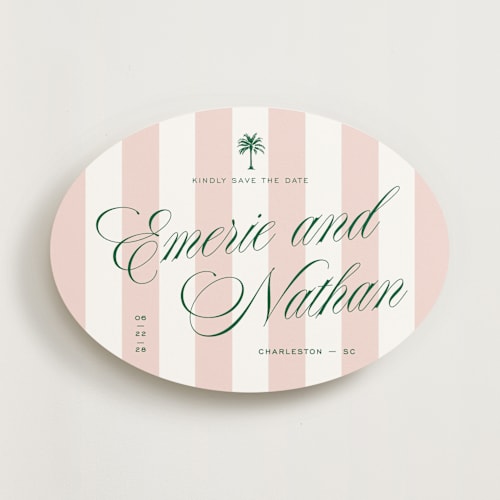 This is a taffy save the date with standard by Susan Zinader called palm stripes printing on signature in standard