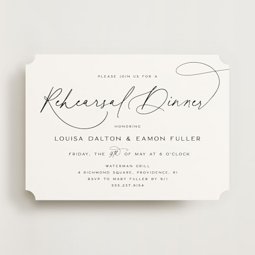 This is a peppercorn rehearsal dinner invitations with standard by Olivia Raufman called dashing script printing on signature in standard