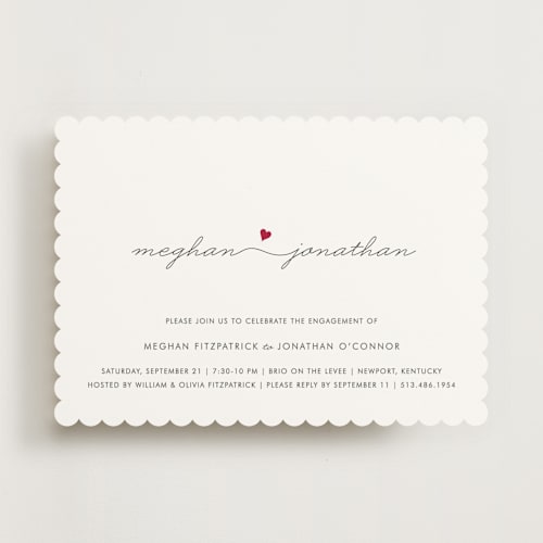 This is a red hot engagement party invitations with standard by Kim Dietrich Elam called love connection printing on signature in standard