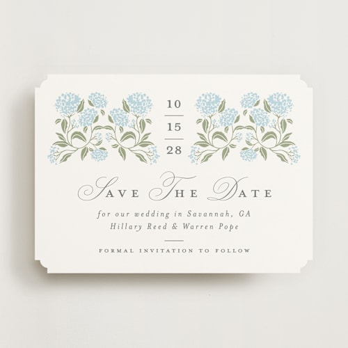 This is a nantucket save the date with standard by Susan Zinader called hydrangea hedge printing on signature in standard