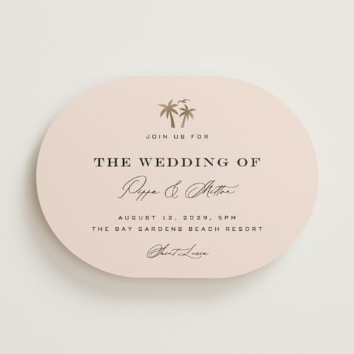 This is a blush foil stamped wedding invitations with foil pressed by Laura Hamm called tropical getaway printing on signature in standard