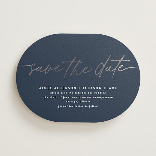 This is a navy foil stamped save the date cards with foil pressed by Susan Asbill called at last printing on signature in standard