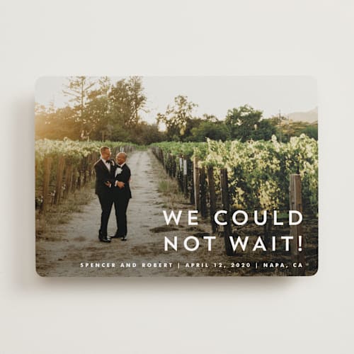 This is a cream wedding announcements with standard by Stacey Meacham called modern offset printing on recycled smooth signature in standard