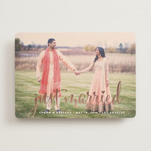 This is a rose gold wedding announcements with foil pressed by Annie Clark called aglow printing on recycled smooth signature in standard