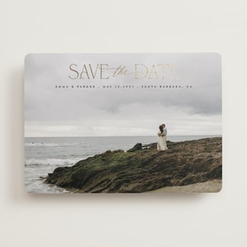 This is a midnight foil stamped save the date cards with foil pressed by Benita Crandall called gracieux printing on recycled smooth signature in standard