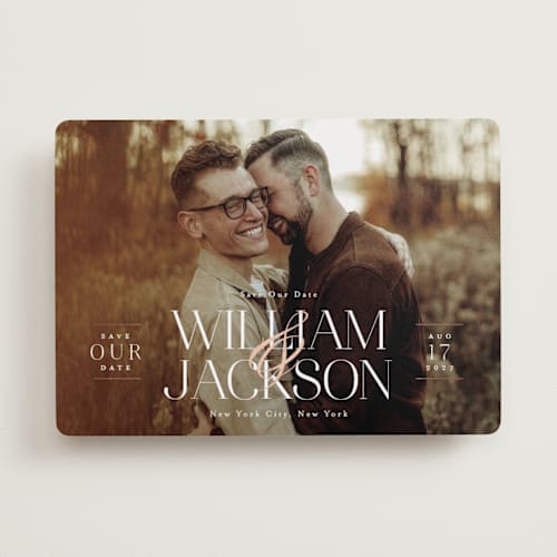 This is a snow foil stamped save the date cards with foil pressed by Hudson meet Rose called to have and to hold printing on recycled smooth signature in standard