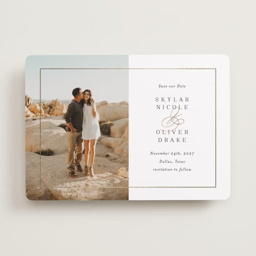 This is a sugar foil stamped save the date cards with foil pressed by Jessica Williams called bianca printing on recycled smooth signature in standard