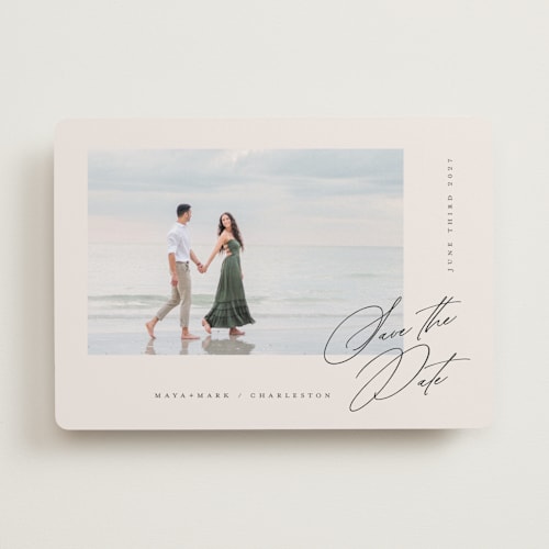 This is a cream save the date with standard by Lori Wemple called posted printing on recycled smooth signature in standard