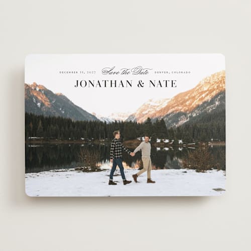 This is a onyx save the date with standard by Jennifer Postorino called centered printing on recycled smooth signature in standard