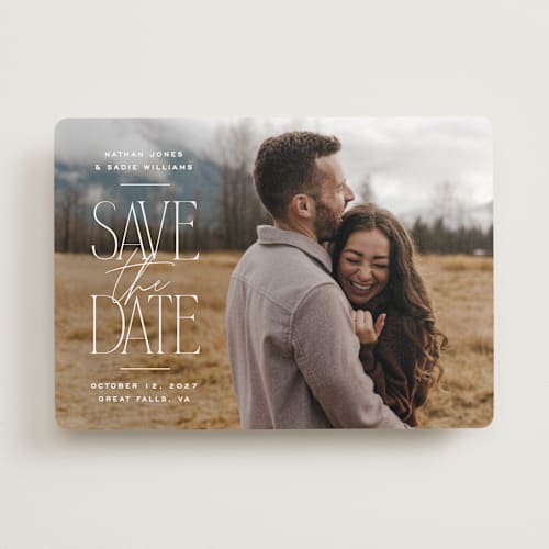 This is a cotton save the date with standard by Owl and Toad called monument printing on recycled smooth signature in standard