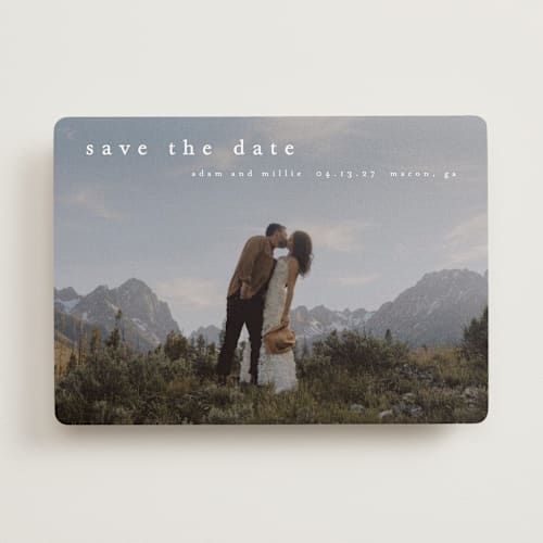 This is a cotton save the date with standard by Stacey Meacham called typographic header printing on recycled smooth signature in standard