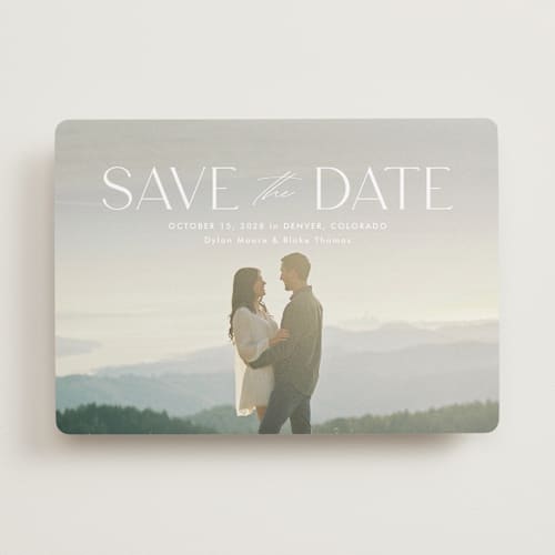 This is a cloud save the date with standard by Kate Ahn called monterosso printing on recycled smooth signature in standard