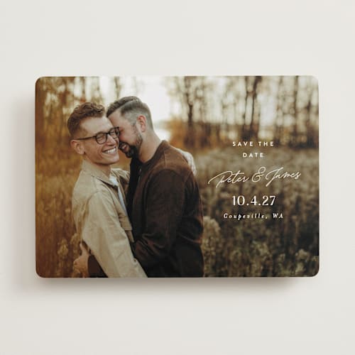 This is a snow save the date with standard by Alethea and Ruth called side stack printing on recycled smooth signature in standard