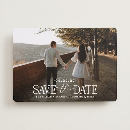 This is a powder save the date with standard by Carolyn MacLaren called together forever printing on recycled smooth signature in standard