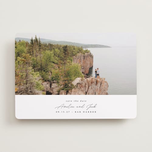 This is a snow save the date with standard by Kaydi Bishop called composition printing on recycled smooth signature in 5x7