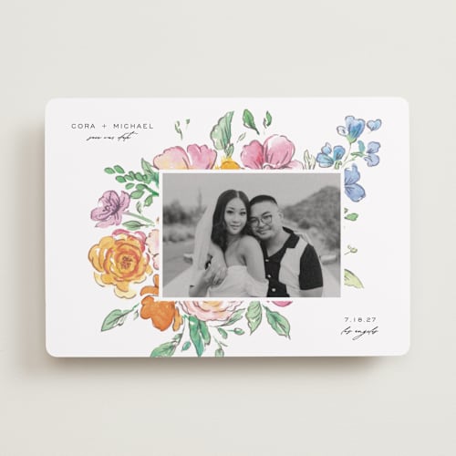 This is a vibrance press save the date with standard by Itsy Belle Studio called floral pop printing on recycled smooth signature in standard