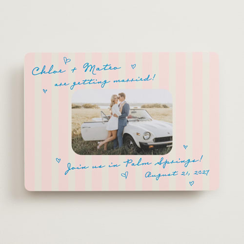 This is a pink grapefruit save the date with standard by Jackie Crawford called the right stripes printing on recycled smooth signature in standard