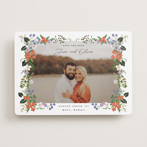 This is a lotus save the date with standard by Sarah Knight called tropicana printing on recycled smooth signature in standard