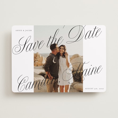 This is a snow save the date with standard by Katharine Watson called bold script frame printing on recycled smooth signature in standard