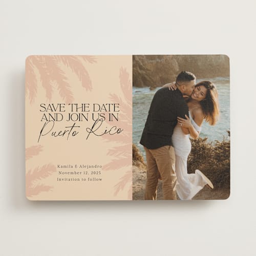 This is a sand save the date with standard by Inkblot Design called destination dream printing on recycled smooth signature in standard