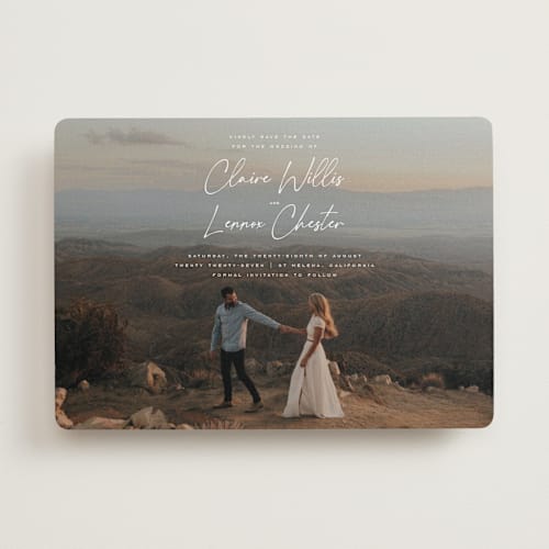 This is a chiffon save the date with standard by Orasie called full photo printing on recycled smooth signature in standard