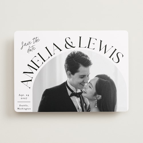 This is a ivory save the date with standard by Alethea and Ruth called side curve printing on recycled smooth signature in standard