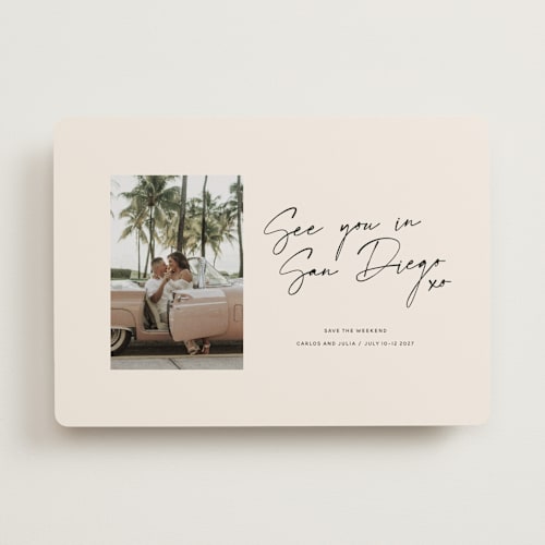 This is a mellow save the date with standard by Inkblot Design called heated printing on recycled smooth signature in standard