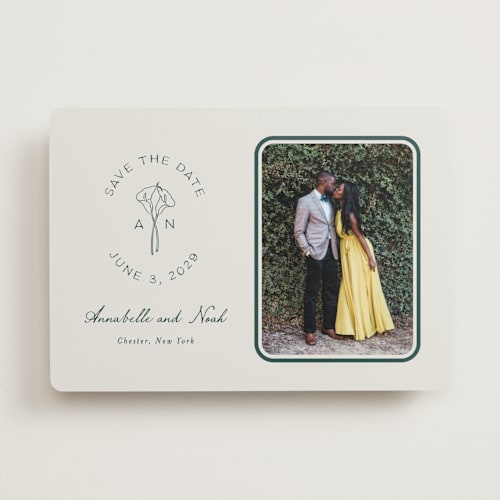 This is a sage save the date with standard by Leah Bisch called pair of calla lilies printing on recycled smooth signature in standard