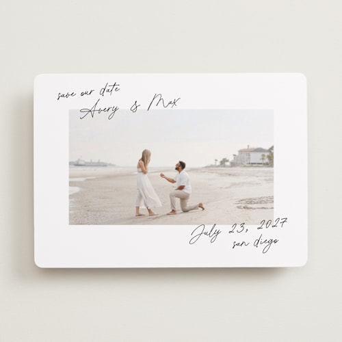 This is a pearl save the date with standard by Lindsay Megahed called joyful jot printing on recycled smooth signature in standard