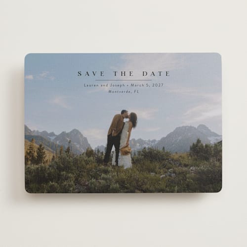 This is a midnight save the date with standard by Abi de Leon called magical printing on recycled smooth signature in standard