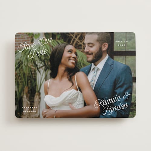 This is a cloud save the date with standard by Hooray Creative called all four corners printing on recycled smooth signature in standard