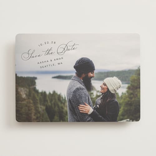This is a smoke save the date with standard by Morgan Kendall called stamp printing on recycled smooth signature in standard