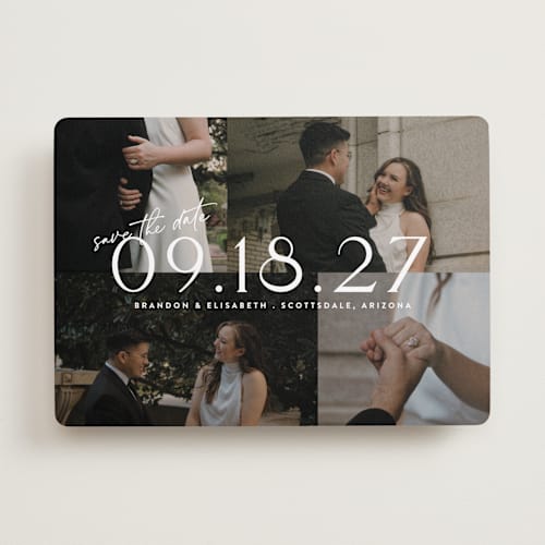 This is a opal save the date with standard by Cat Caudillo called love snaps printing on recycled smooth signature in standard