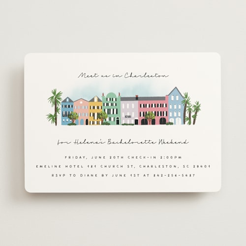 This is a cloud bachelorette party invitations with standard by Becky Nimoy called rainbow row weekend printing on signature in standard